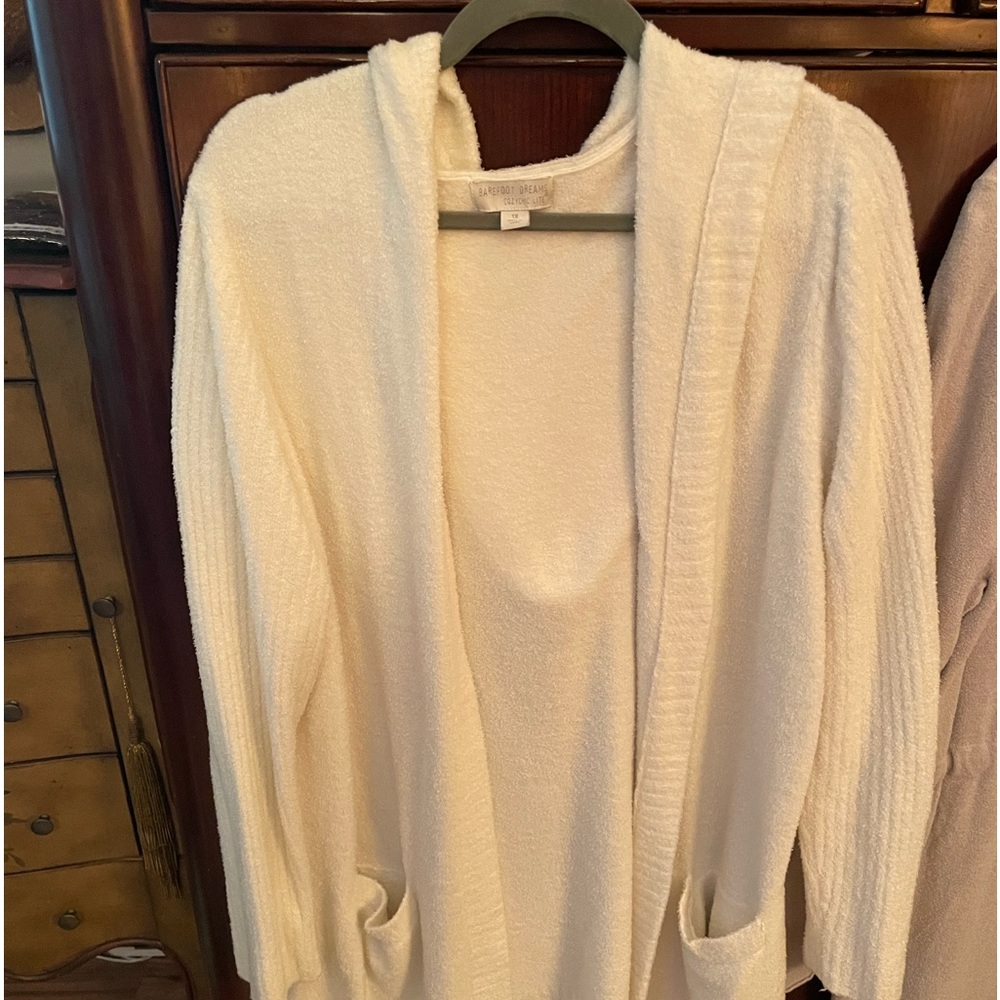 Barefoot Dreams long white hooded cardigan.
